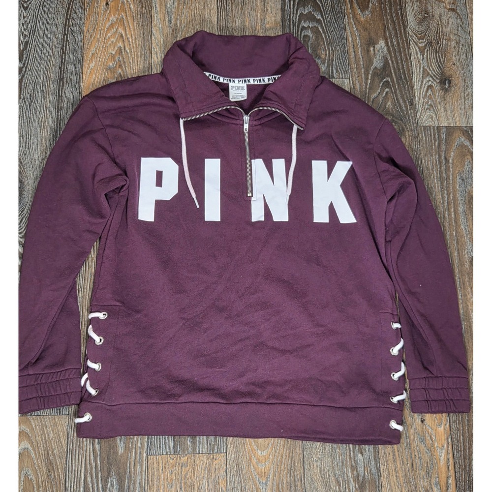 Victoria's Secret PINK Quarter Zip Sweatshirt Burgundy Lace Up Side Pullover M